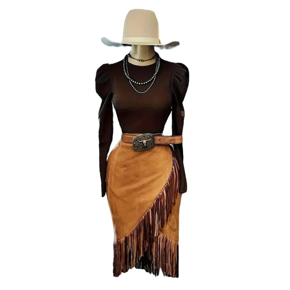 Faux Suede Midi Skirt Fringe Western Boho Wrap Style